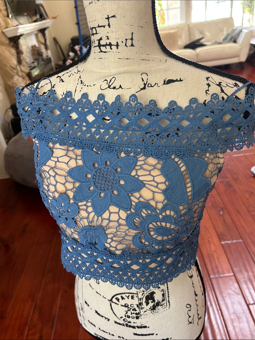 Endless Rose Blue Lace Floral Off-Shoulder Crop Camisole